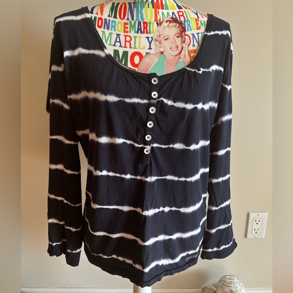 Calvin Klein 100% Cotton Blue and White Faux Button Top w/ Roll Tab Sleeves
